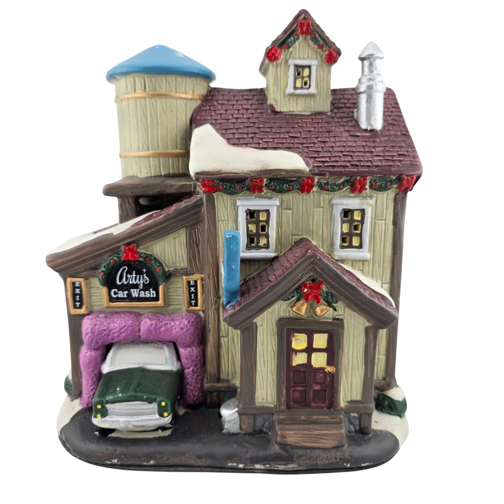 Country Charm Arty's Car Wash Christmas Village Building Display Excellent